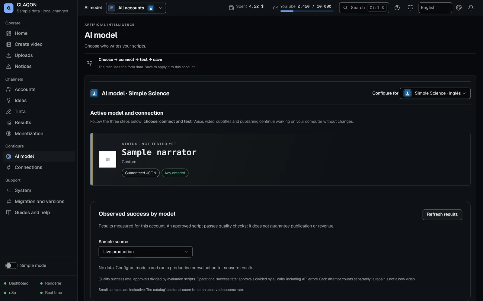 AI model settings for an account: active model and connection, test status and observed success rate per model.
