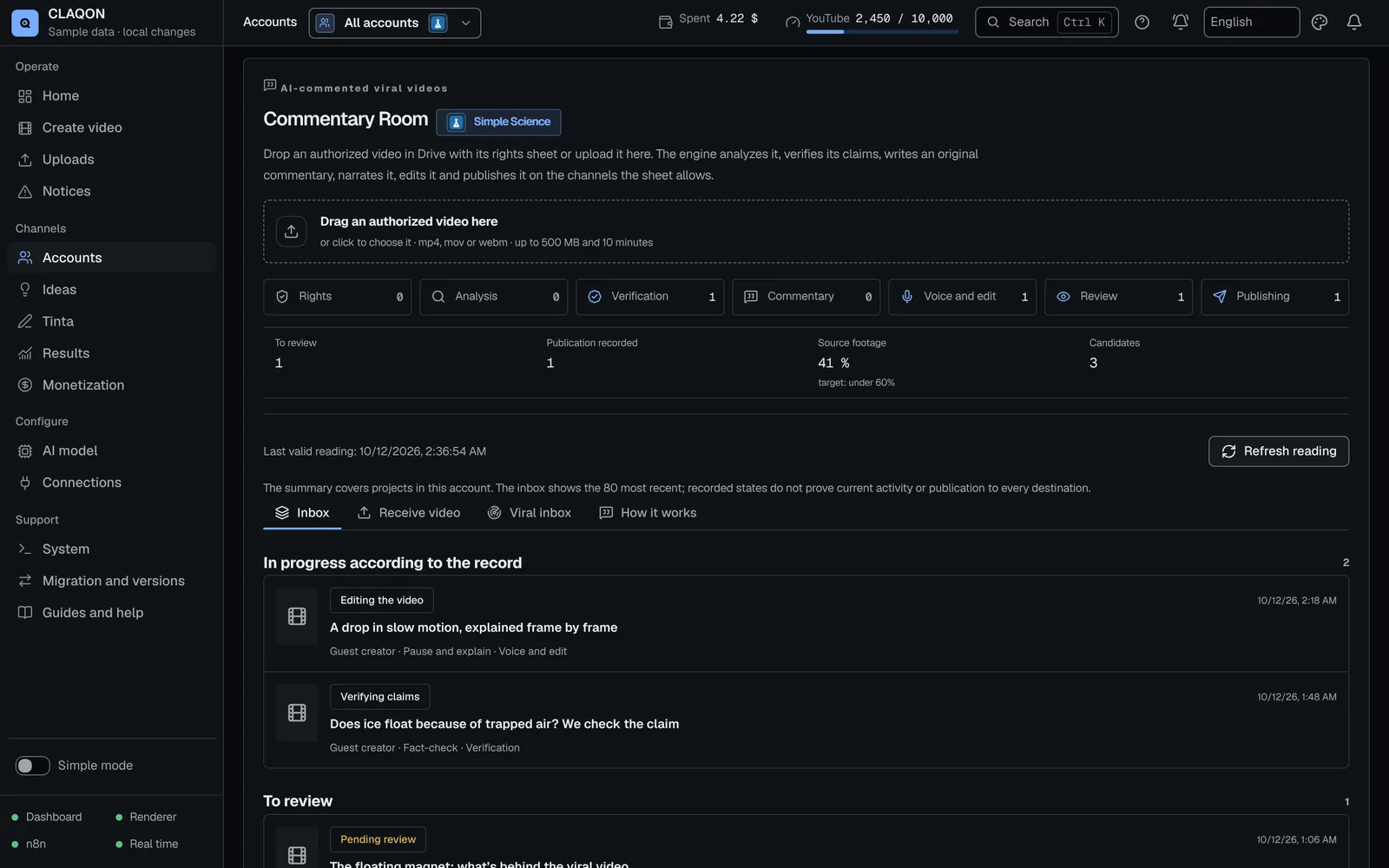 Commentary Room: intake of authorized videos, pipeline stages (rights, analysis, verification, commentary, voice and editing, review and publishing) and project inbox.