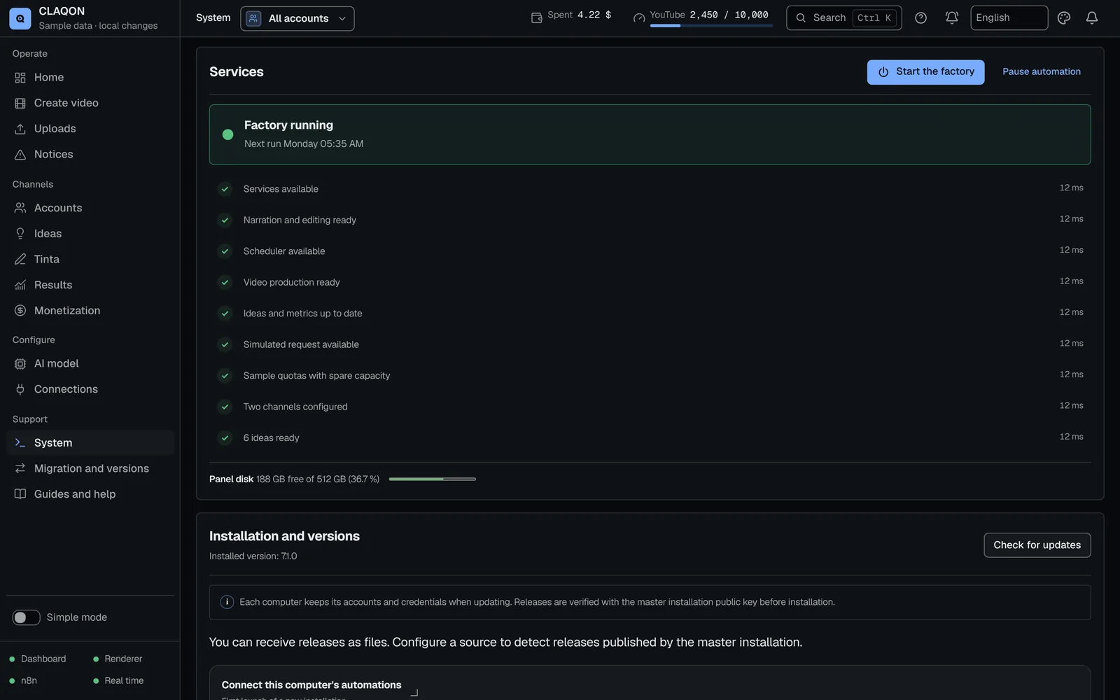 Factory running status with the next run, a check of each service and free disk space.