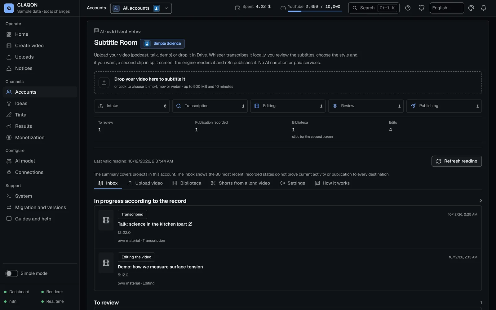 Subtitles Room: upload of own videos, stages (intake, transcription, editing, review and publishing) and an inbox with projects being transcribed, edited and ready for review.