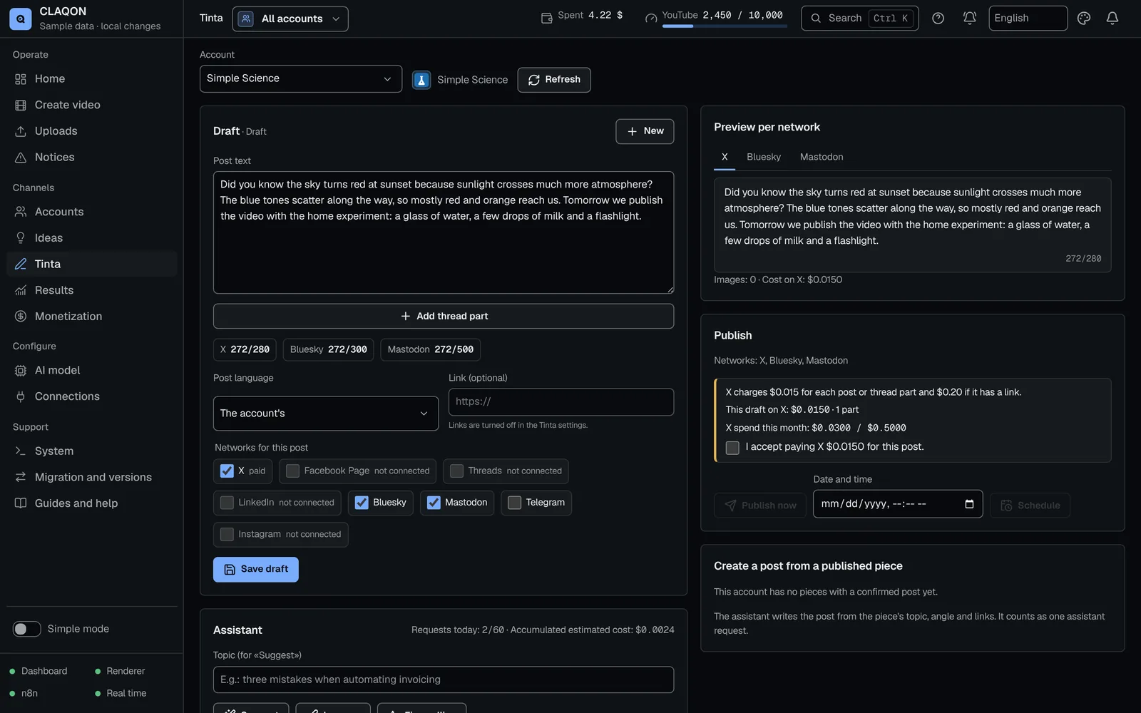 Tinta editor with a post, per-network counter (X, Bluesky, Mastodon), X thread preview and the X cost notice before publishing.