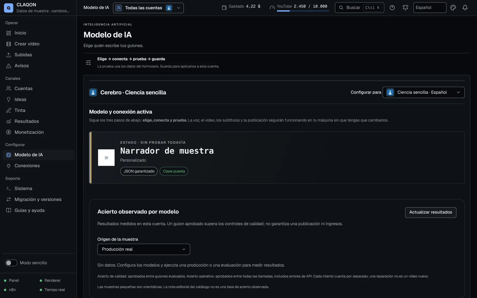 Configuración del modelo de IA de una cuenta: modelo y conexión activa, estado de la prueba y acierto observado por modelo.