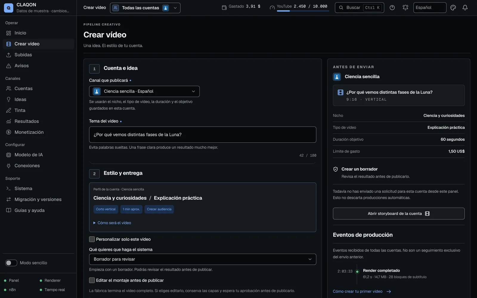 Formulario para crear un vídeo: cuenta, tema, perfil heredado de la cuenta y resumen antes de enviar con nicho, tipo, duración y límite de gasto.