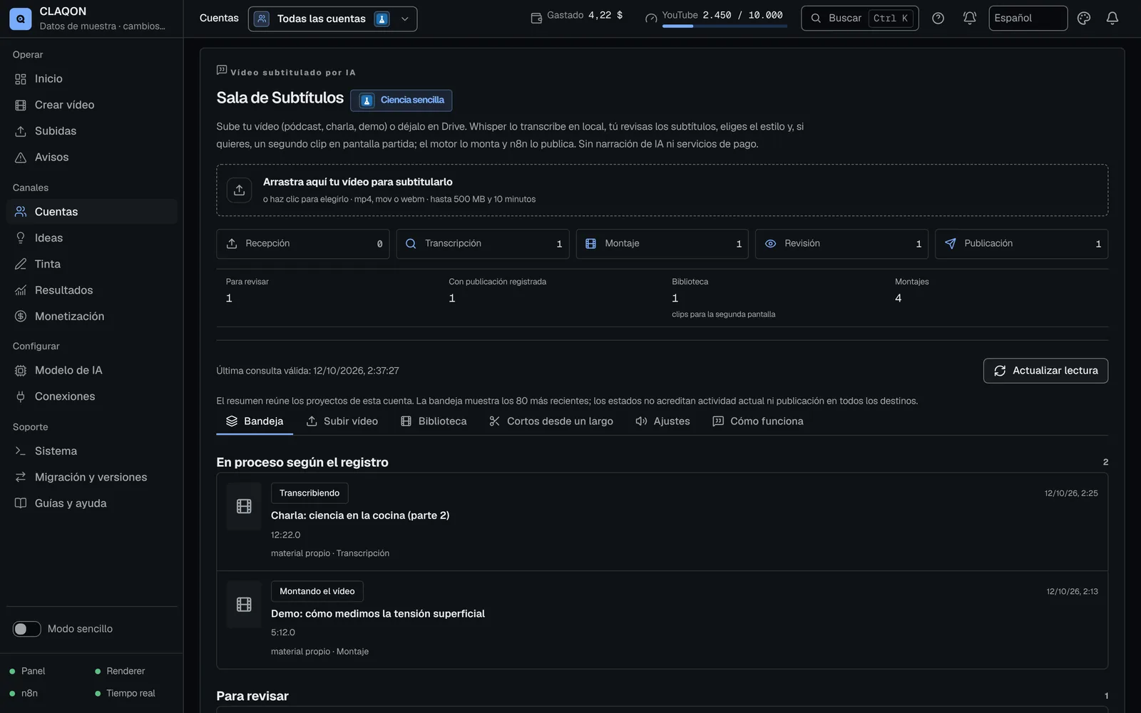 Sala de Subtítulos: subida de vídeos propios, etapas (recepción, transcripción, montaje, revisión y publicación) y bandeja con proyectos transcribiéndose, montándose y listos para revisar.