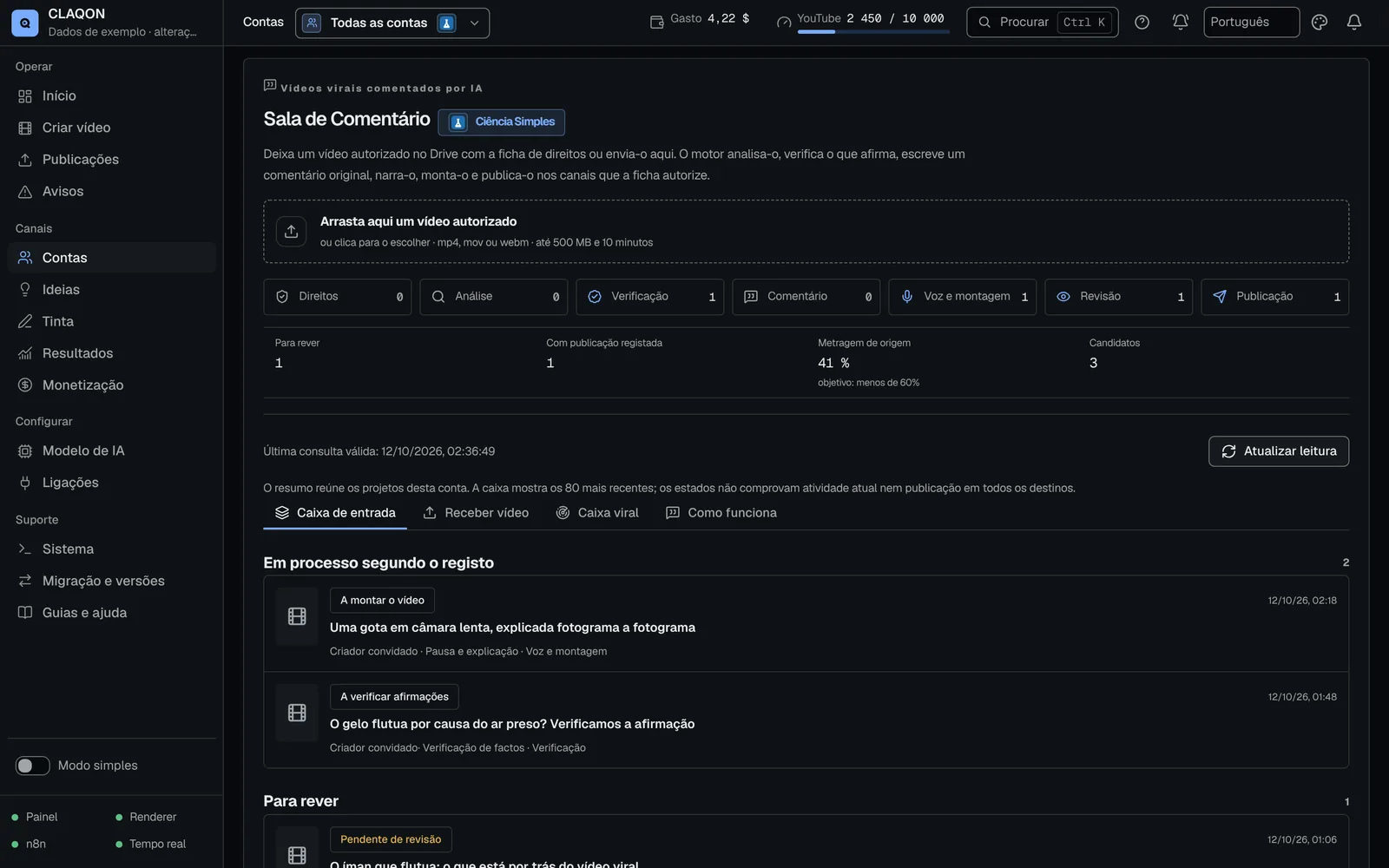 Sala de Comentário: recebimento de vídeos autorizados, etapas do processo (direitos, análise, verificação, comentário, voz e edição, revisão e publicação) e caixa de projetos.