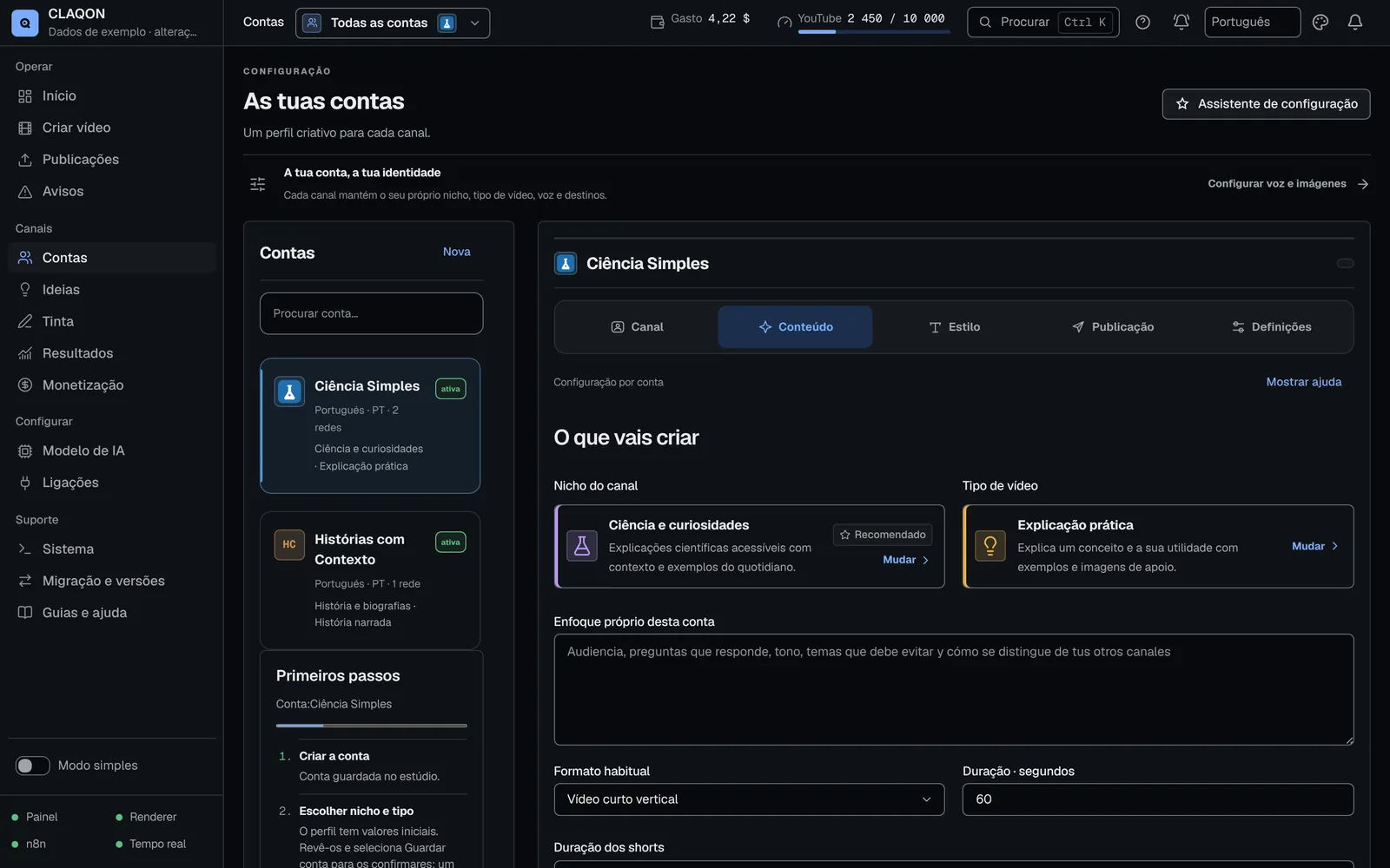 Editor de uma conta na aba Conteúdo: nicho do canal, tipo de vídeo, enfoque editorial, formato e duração; à esquerda, as contas com idioma e redes.