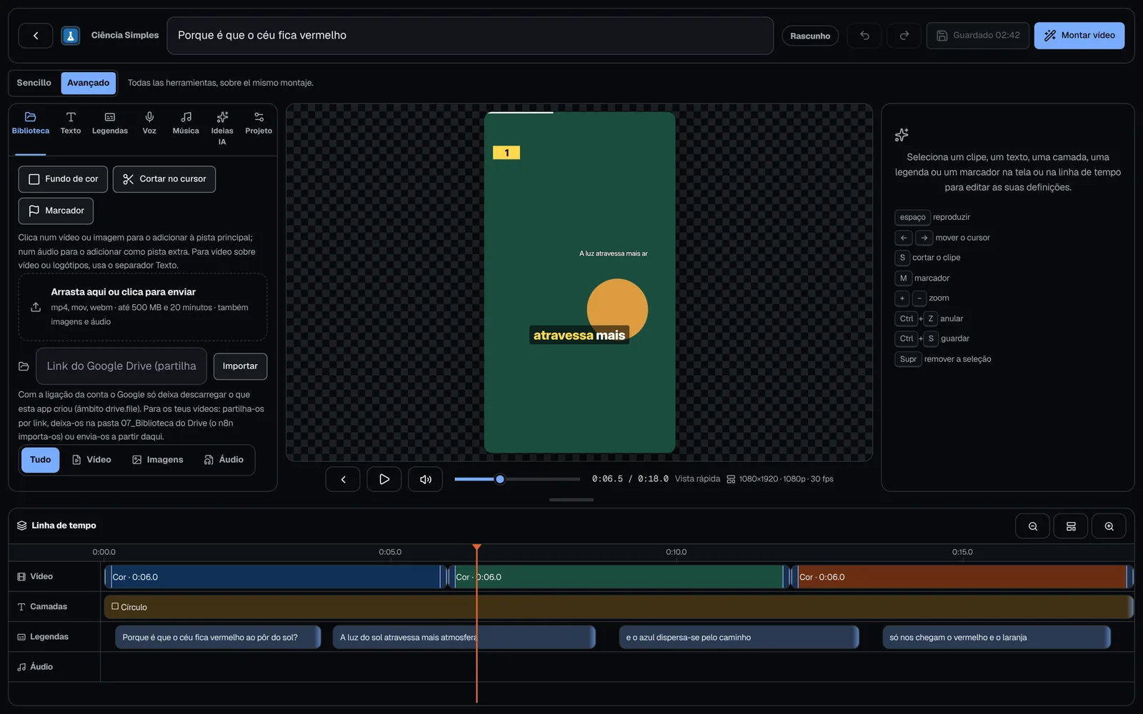 Editor do Estúdio de edição com biblioteca e ferramentas, prévia vertical com títulos e legendas e linha do tempo com faixas de vídeo, camadas e legendas.