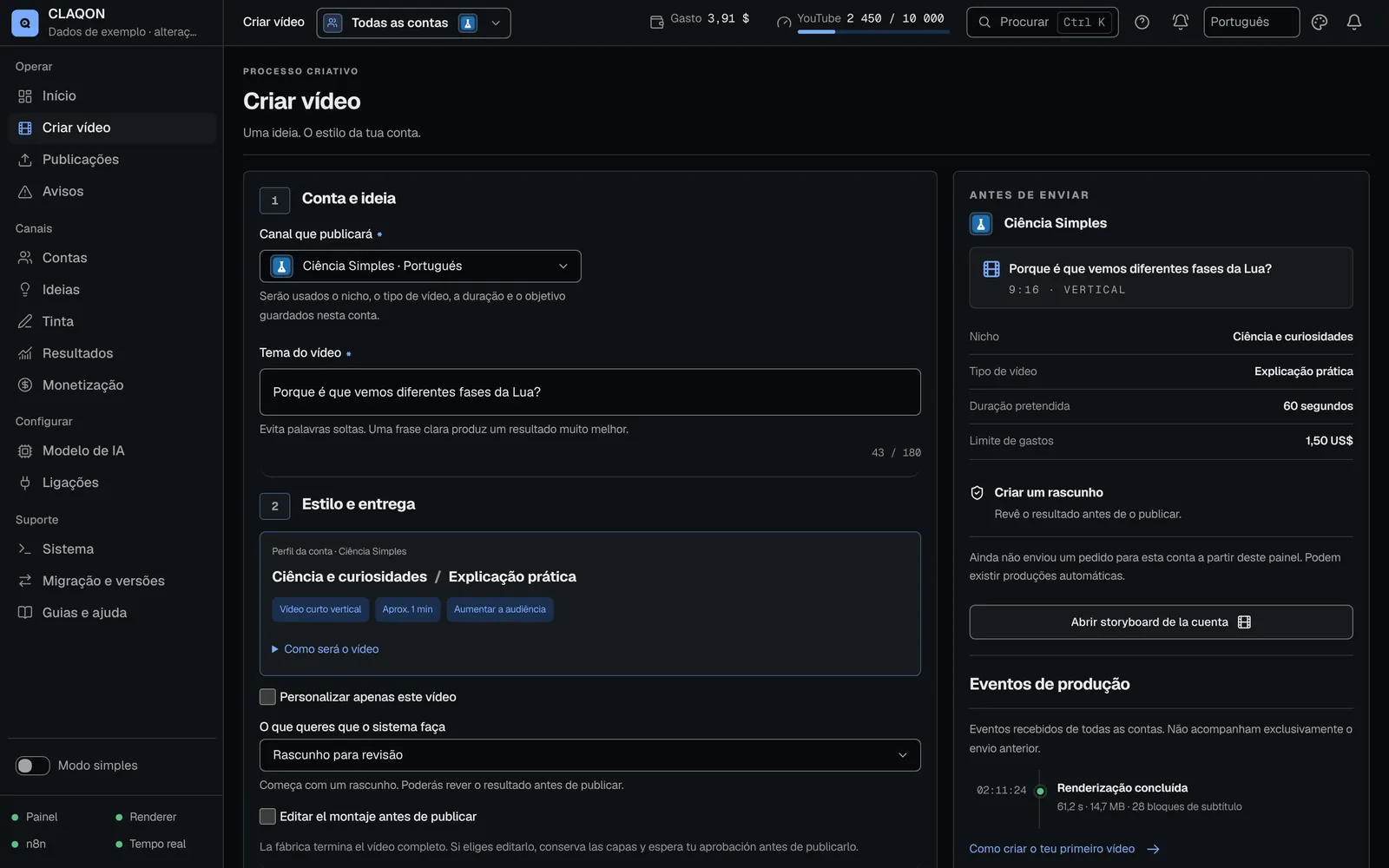 Formulário para criar um vídeo: conta, tema, perfil herdado da conta e resumo antes de enviar com nicho, tipo, duração e limite de gasto.