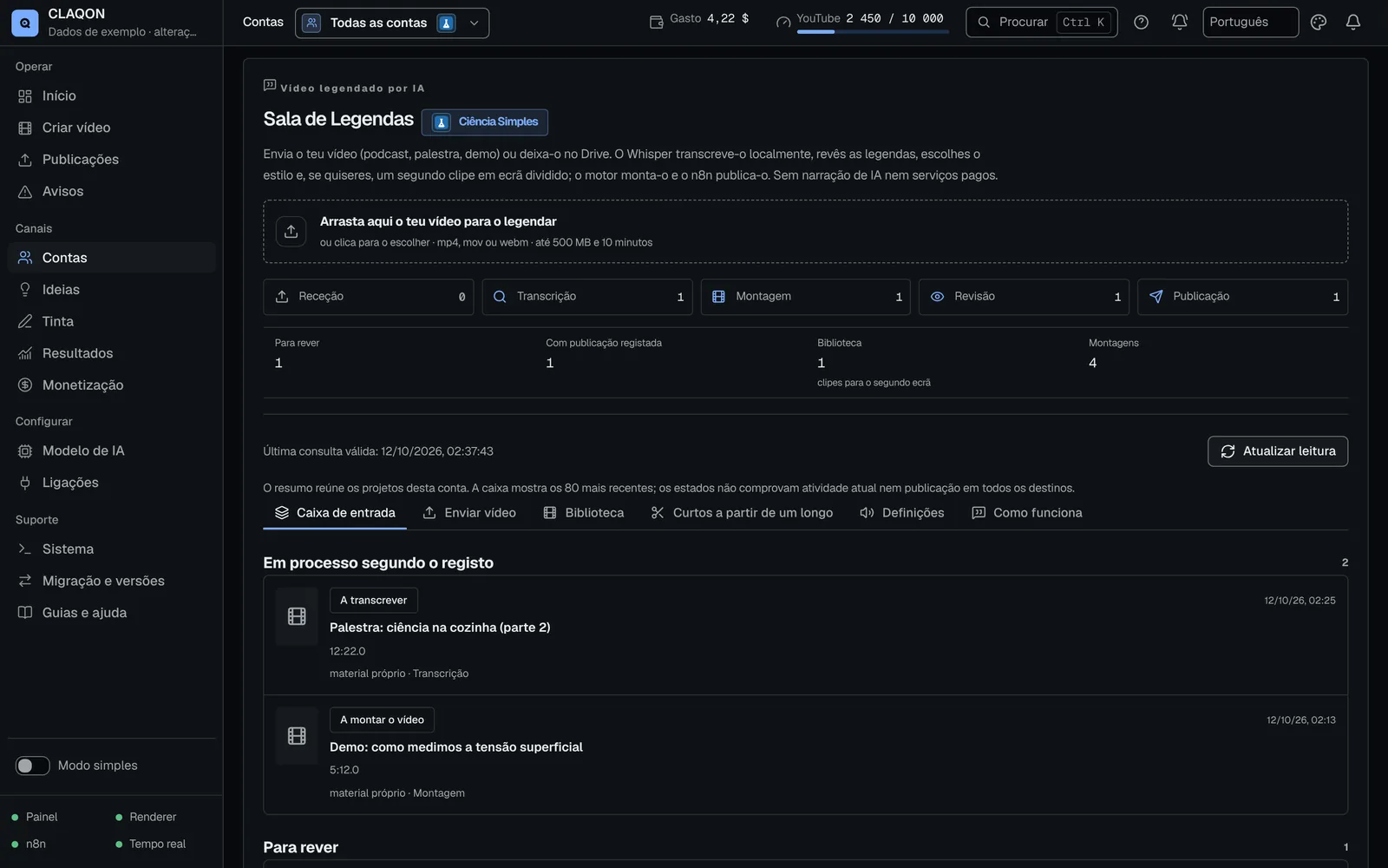 Sala de Legendas: envio de vídeos próprios, etapas (recebimento, transcrição, edição, revisão e publicação) e caixa com projetos em transcrição, em edição e prontos para revisar.