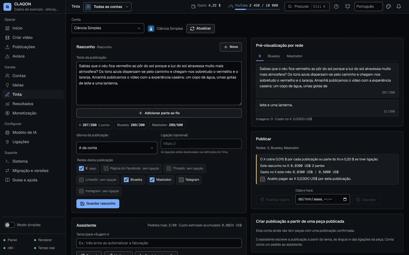 Editor do Tinta com uma publicação, contador por rede (X, Bluesky, Mastodon), prévia do fio no X e aviso do custo do X antes de publicar.